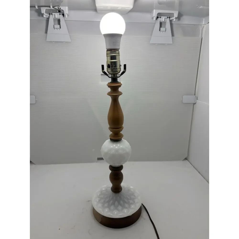 Vintage Hobnail Milk Glass & Wood Table Lamp 18